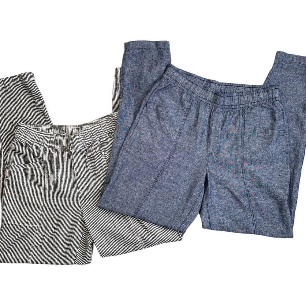Old Navy Pants Lot 2 Womens Size S Tall Taper Chambray Blue Striped Linen Blend